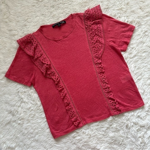 Veronica Beard Top Prema Eyelet Ruffle Crewneck Tee Linen Short Sleeve S - Picture 2 of 11